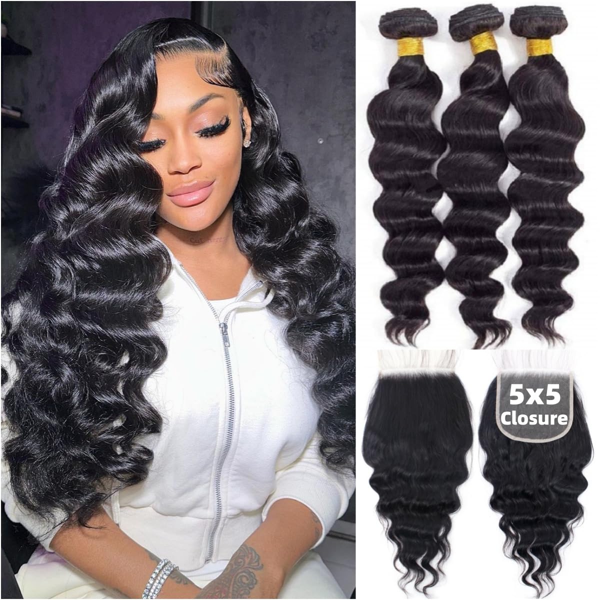 Loose Wave Human Hair Bundles  - đánh giá và giá Deep Wave 3 Bundles With Closure