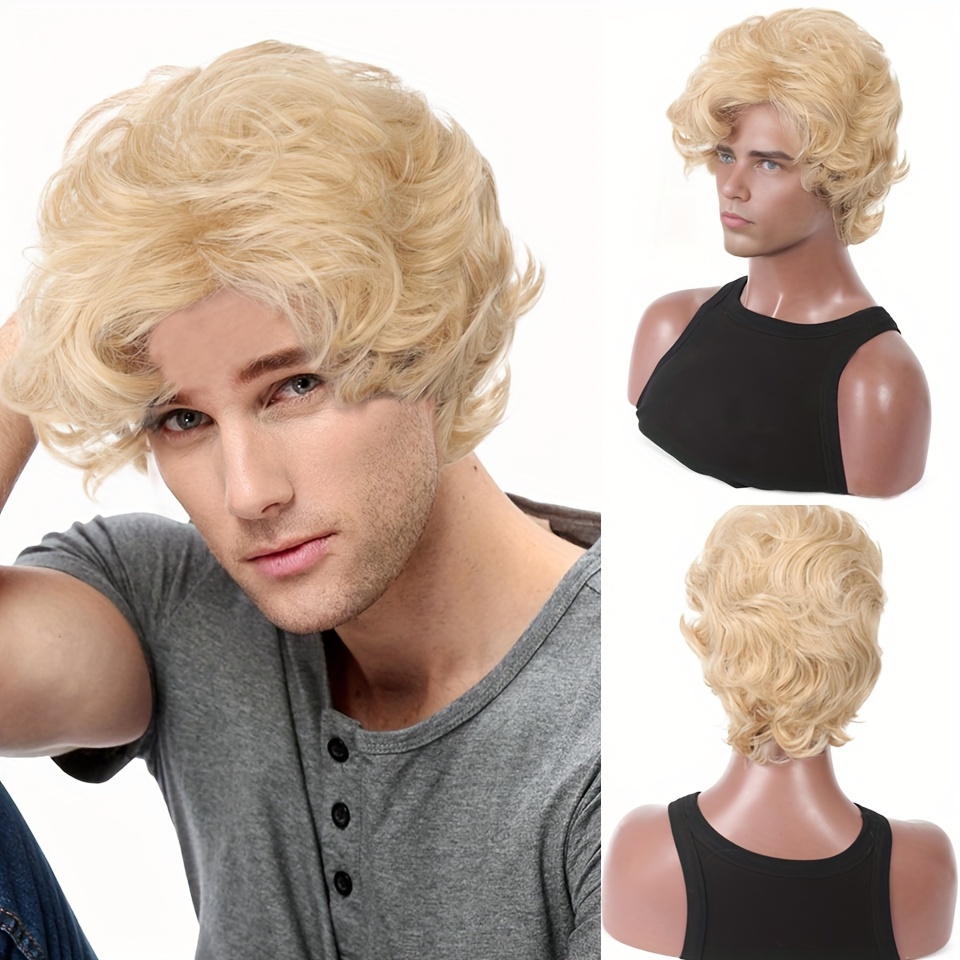 Mens Blonde Wig Short Wavy Flu - đánh giá và giá Synthetic Wigs