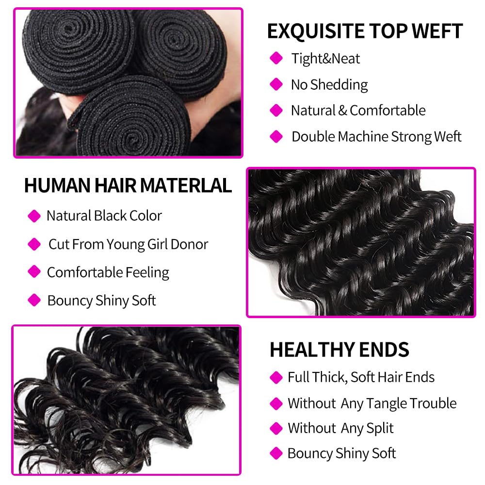 Human Hair Bundles with Closur - đánh giá và giá Deep Wave 3 Bundles With Closure